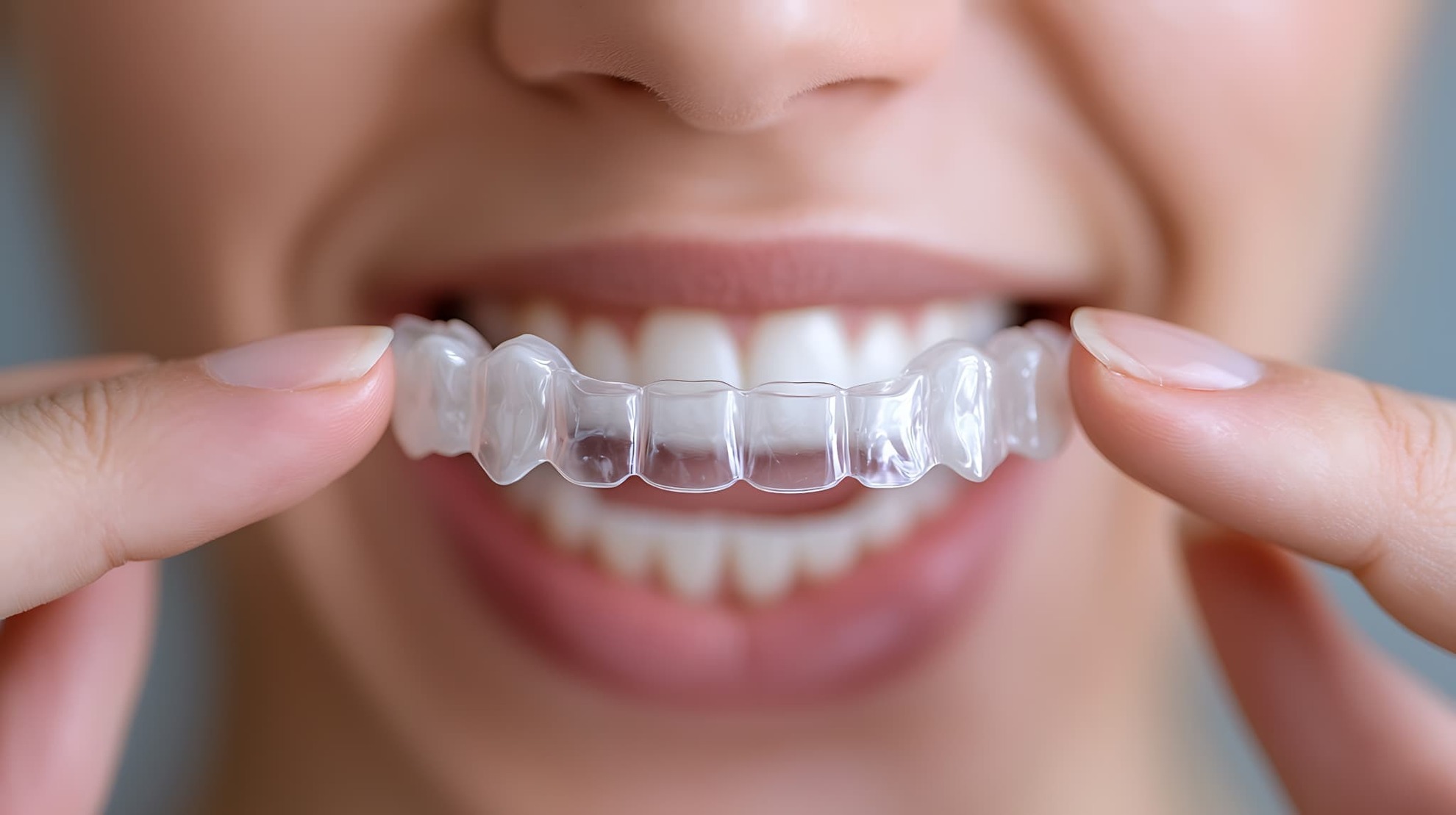 大人の矯正治療でマウスピースを装着する女性